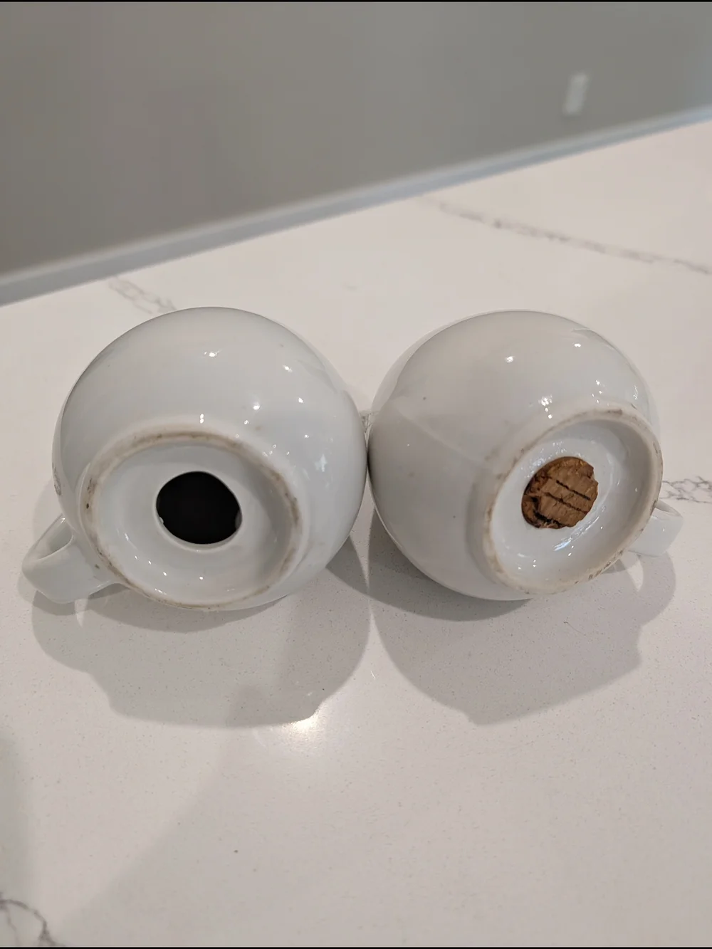 Vintage MCM Ceramic Salt & Pepper Shakers Floral Silver Trim Handled Cork USA